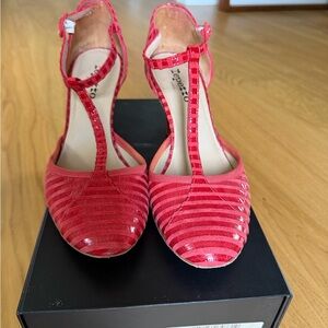 Repetto Baya Women's T-Strap Vibrant Red Striped Heels - Size 39.5